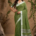 Olive Green Linen Saree with Silver Zari Border Lightweight Saree