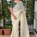 Off White Georgette Saree Golden Butti Designer Teal Green Floral Embroidered Blouse