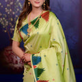 Pistachio Green Soft Silk Saree Multicolor Temple Border Rich Zari Pallu