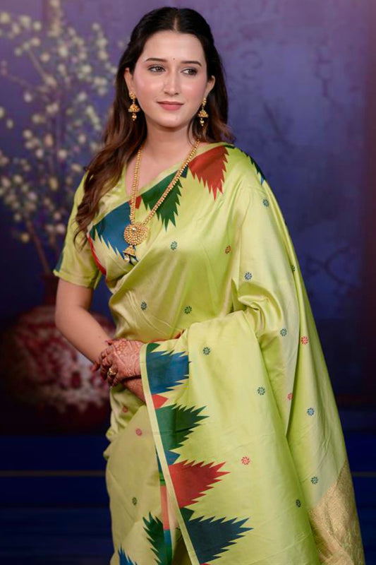 Pistachio Green Soft Silk Saree Multicolor Temple Border Rich Zari Pallu