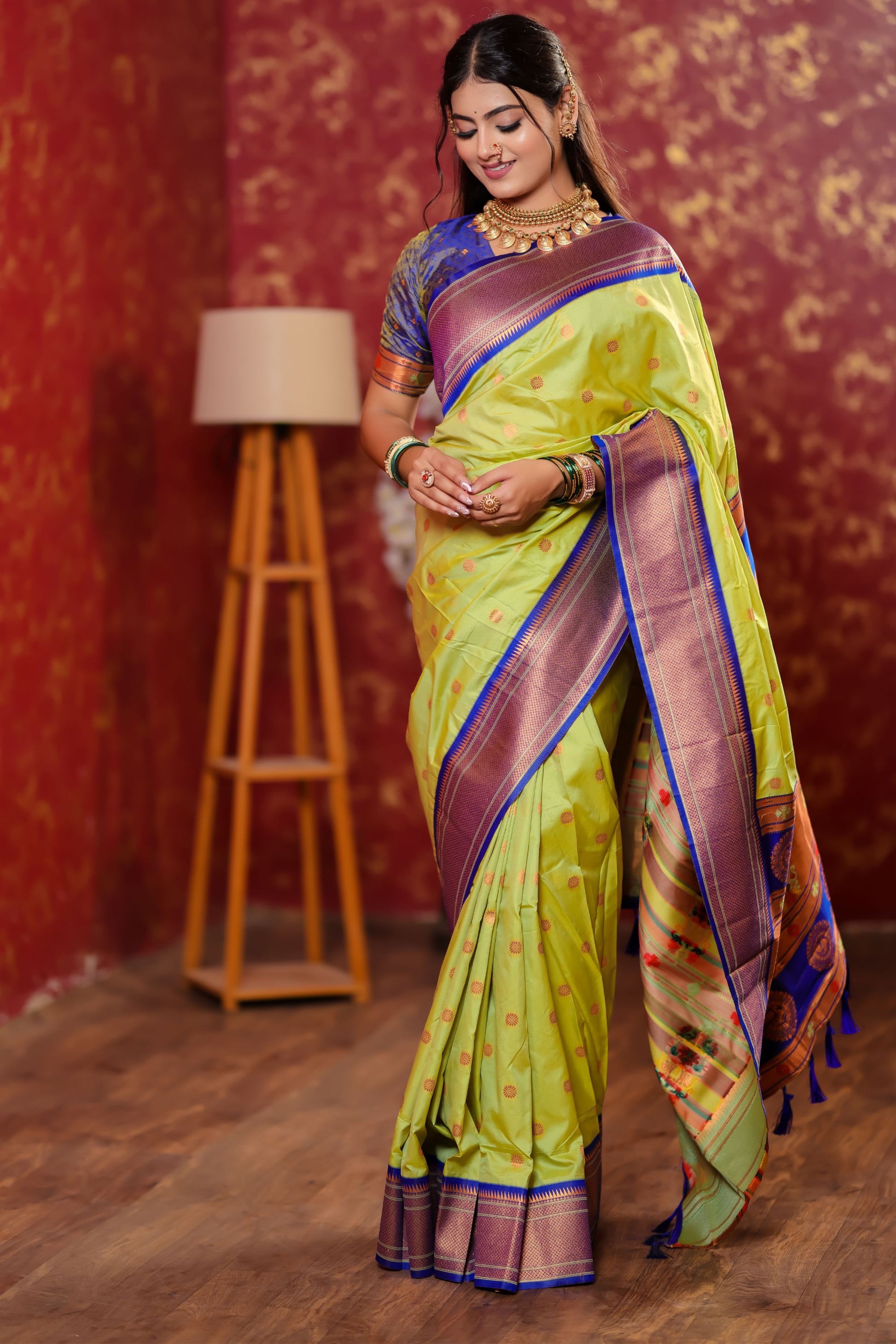 Parrot Green Kanjivaram Silk Saree Gold Zari Border Butti Work
