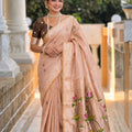 Peach Pink Linen Silk Saree Hand-Painted Lotus Pallu Zari Border