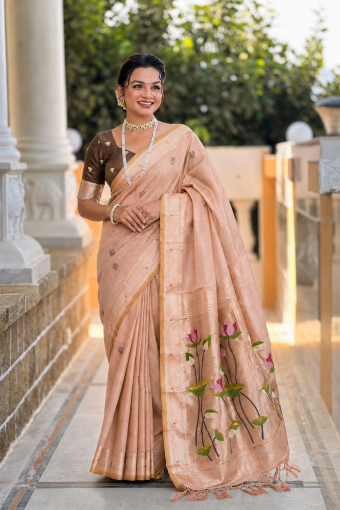 Peach Pink Linen Silk Saree Hand-Painted Lotus Pallu Zari Border