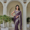Deep Purple Georgette Saree Heavy Embroidered Border Designer Blouse