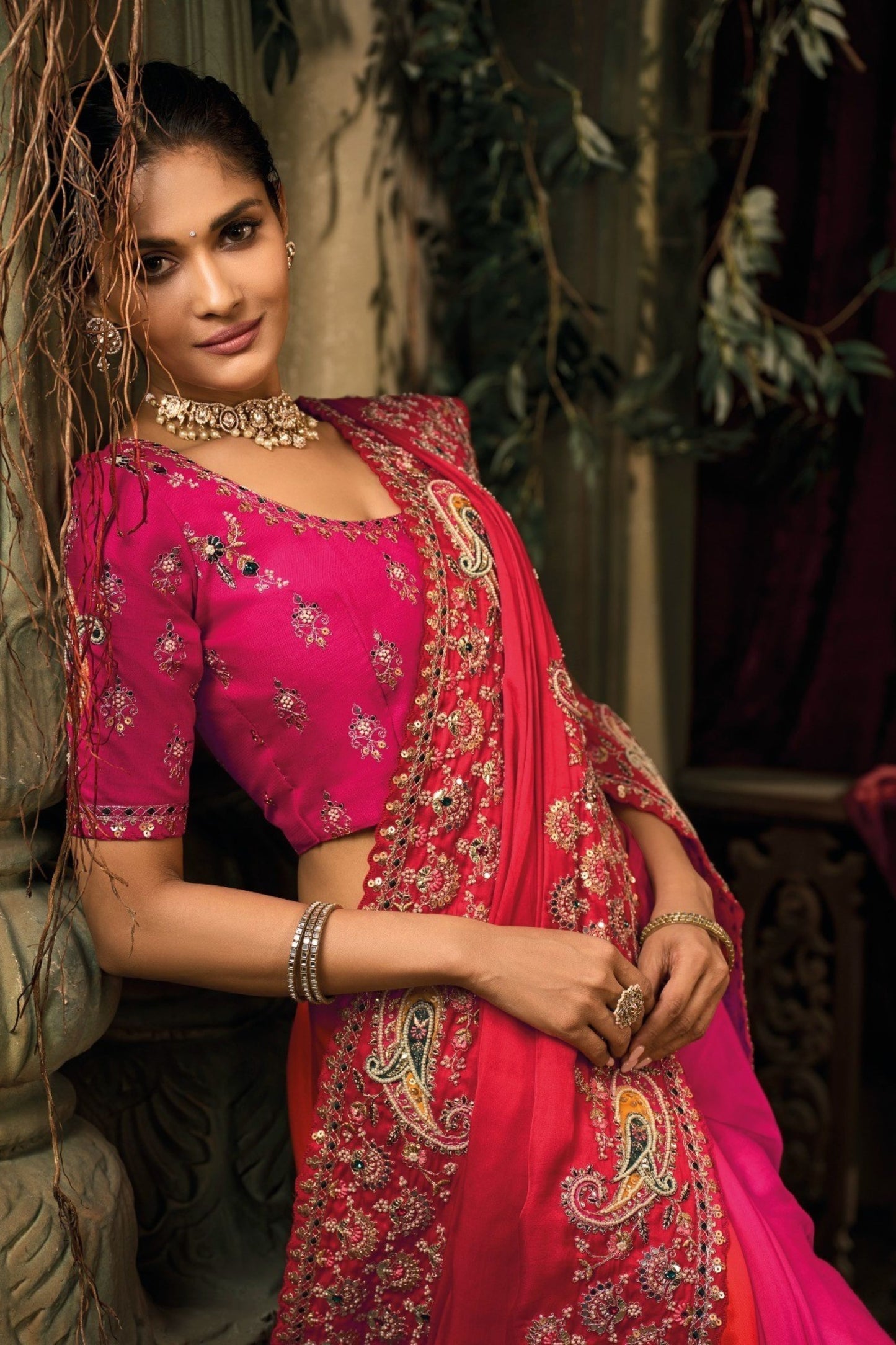 Pink Red Designer Embroidered Silk Saree with Heavy Border