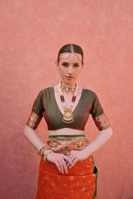 Traditional Orange Green Banarasi Silk Saree Zari Border Rich Designer Pallu