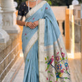  Sky Blue Tussar Silk Saree Multicolor Bird Floral Motif Pallu