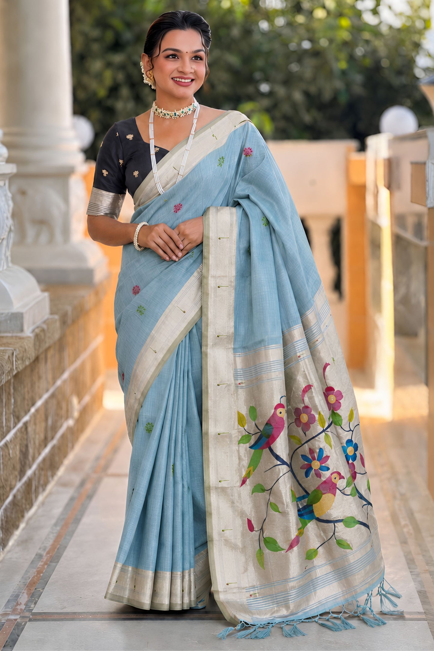  Sky Blue Tussar Silk Saree Multicolor Bird Floral Motif Pallu