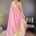 Pink Linen Silk Saree with Golden Zari Border Tassel Pallu