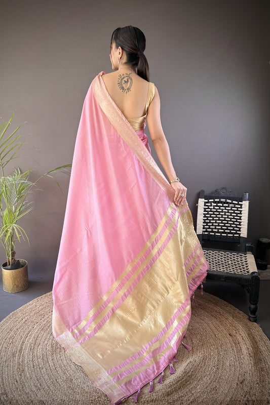 Pink Linen Silk Saree with Golden Zari Border Tassel Pallu