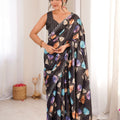 Black Floral Digital Printed Linen Saree with Designer Lace Border