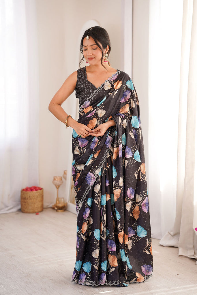 Black Floral Digital Printed Linen Saree with Designer Lace Border