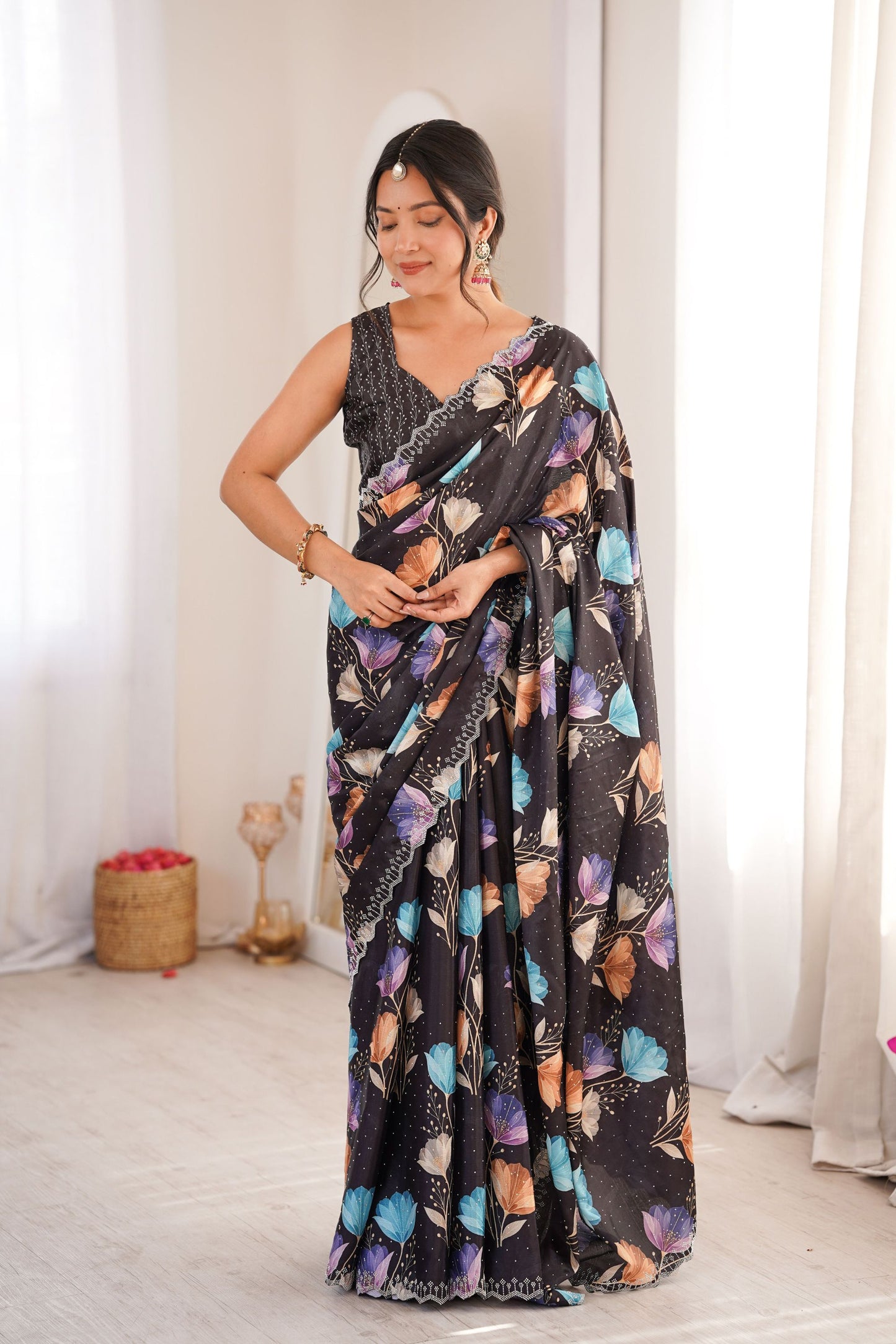 Black Floral Digital Printed Linen Saree with Designer Lace Border