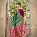 Green Banarasi Silk Saree Red Zari Border Traditional Saree