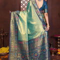 Elegant Sea Green Navy Blue Banarasi Silk Saree and Contrast Border
