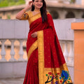  Red Cotton Silk Saree Golden Border Peacock Floral Designer Pallu