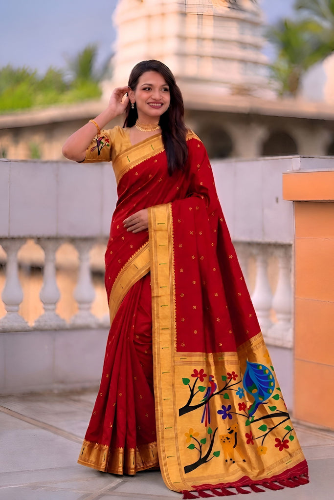  Red Cotton Silk Saree Golden Border Peacock Floral Designer Pallu
