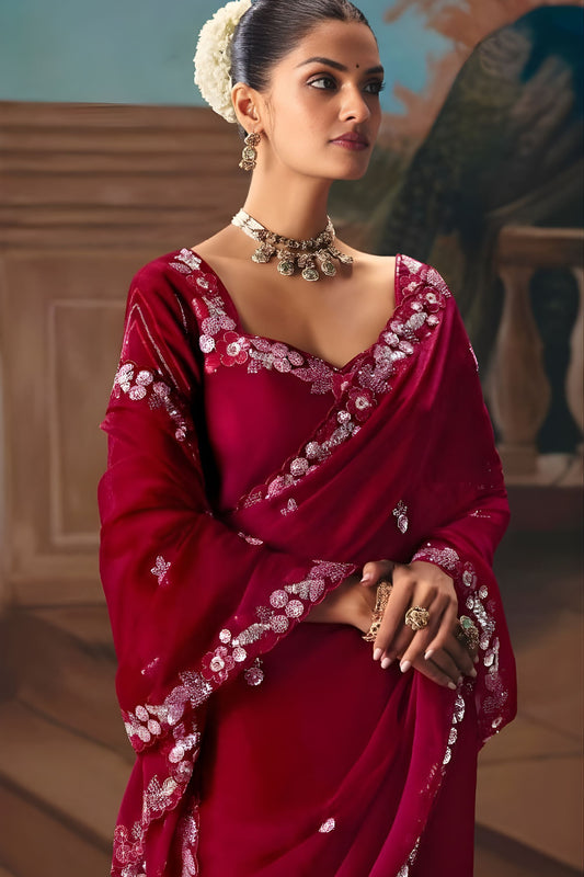 Wine Red Embroidered Silk Saree with Zari Work Festive Wear
