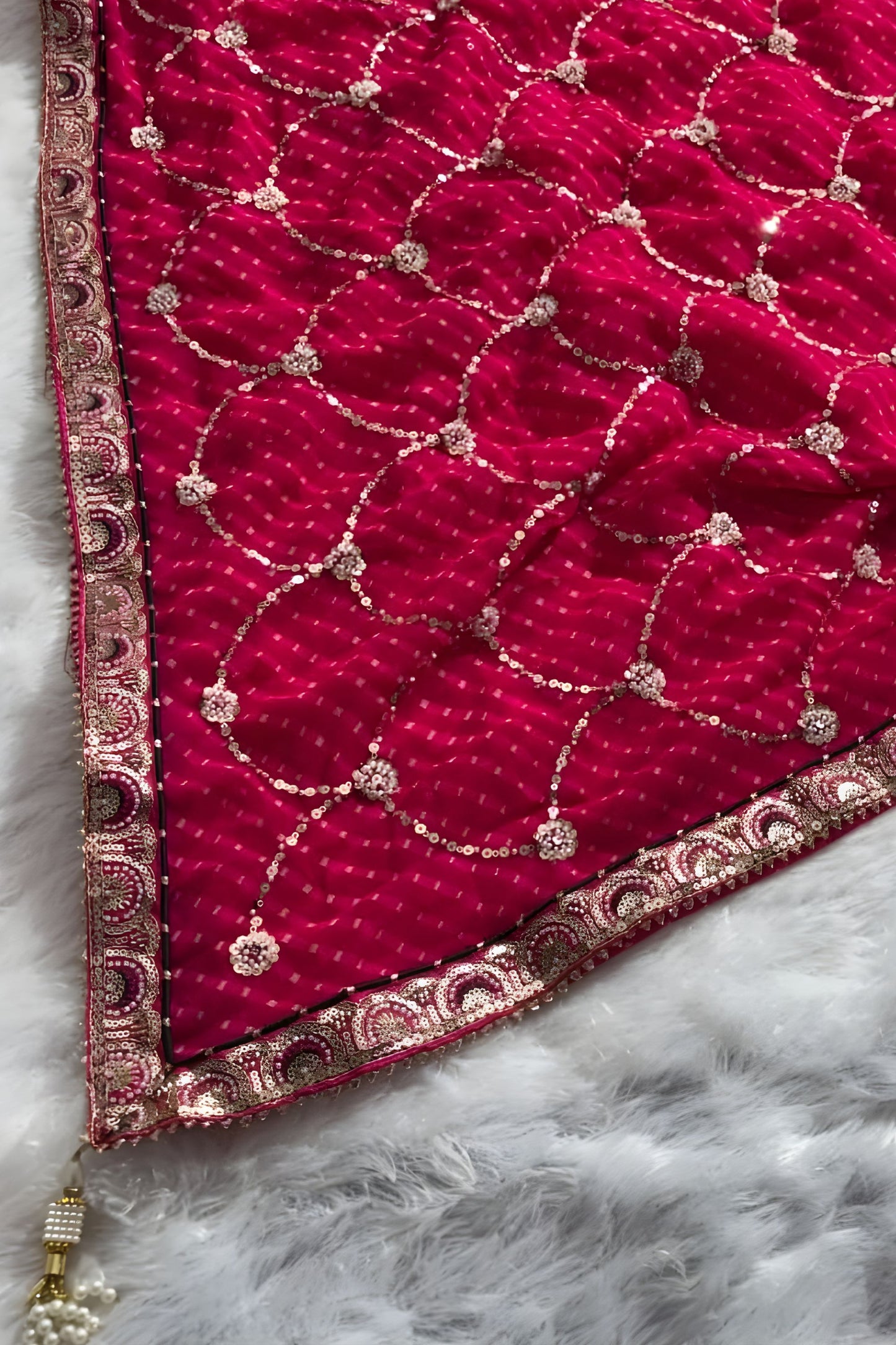 Rani Pink Georgette Bandhani Saree Gota Patti Work Embroidered Border