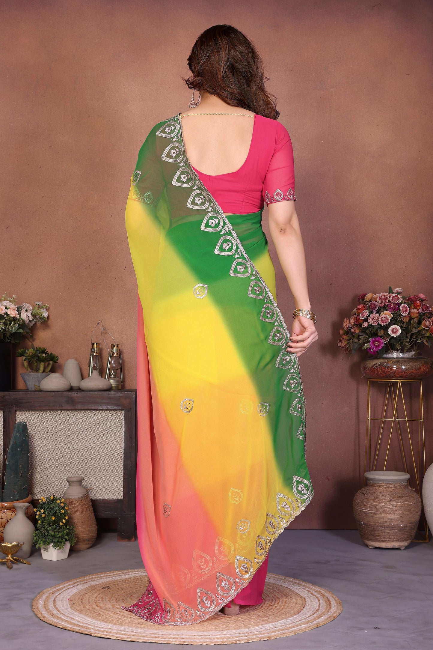 Multicolor Georgette Saree with Embroidered Border Work