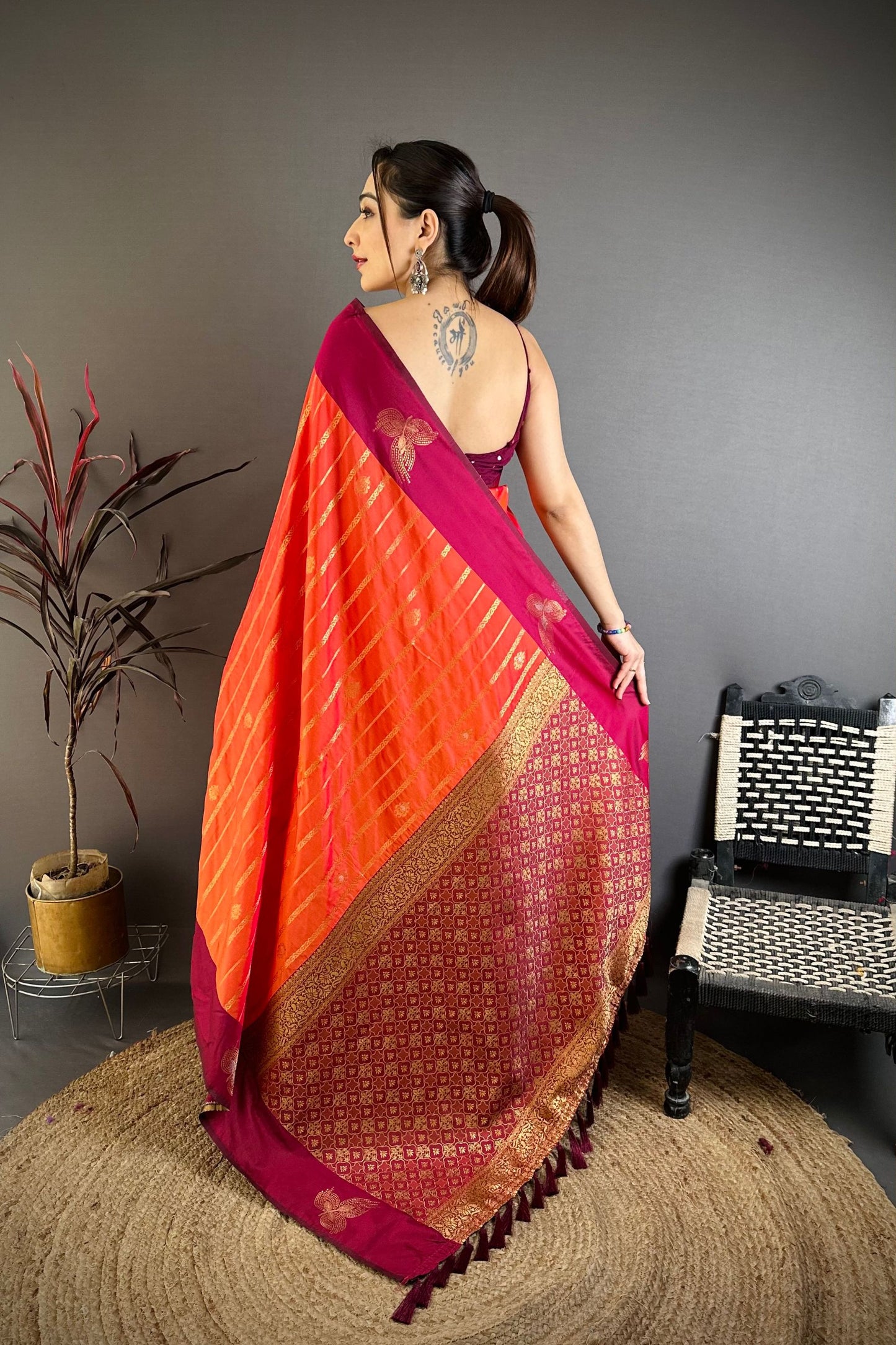 Orange and Magenta Banarasi Silk Saree with Rich Zari Weaving Saree