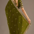 Olive Green Silk Saree with Heavy Zari Embroidered Border Designer Blouse
