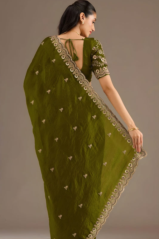 Olive Green Silk Saree with Heavy Zari Embroidered Border Designer Blouse