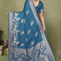 Teal Blue Banarasi Silk Saree Rich Silver Zari Weaving Blouse Piece