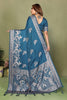 Teal Blue Banarasi Silk Saree Rich Silver Zari Weaving Blouse Piece