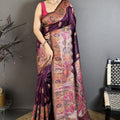 Wine Purple Kashmiri Printed Satin Silk Saree Designer Border