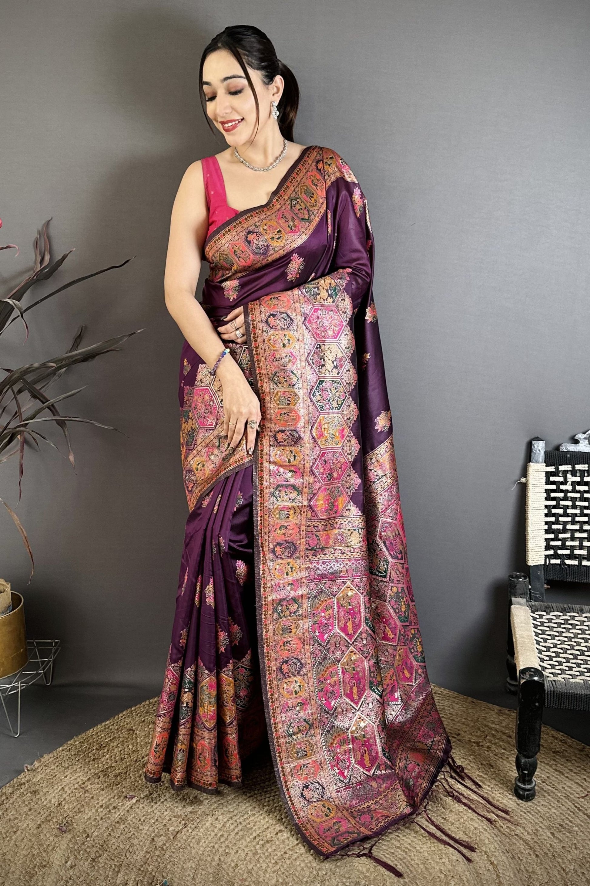Wine Purple Kashmiri Printed Satin Silk Saree Designer Border