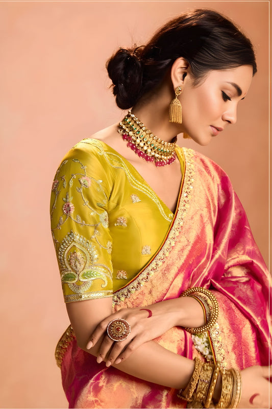 Pink Gold Soft Silk Saree with Zari Border Designer Blouse