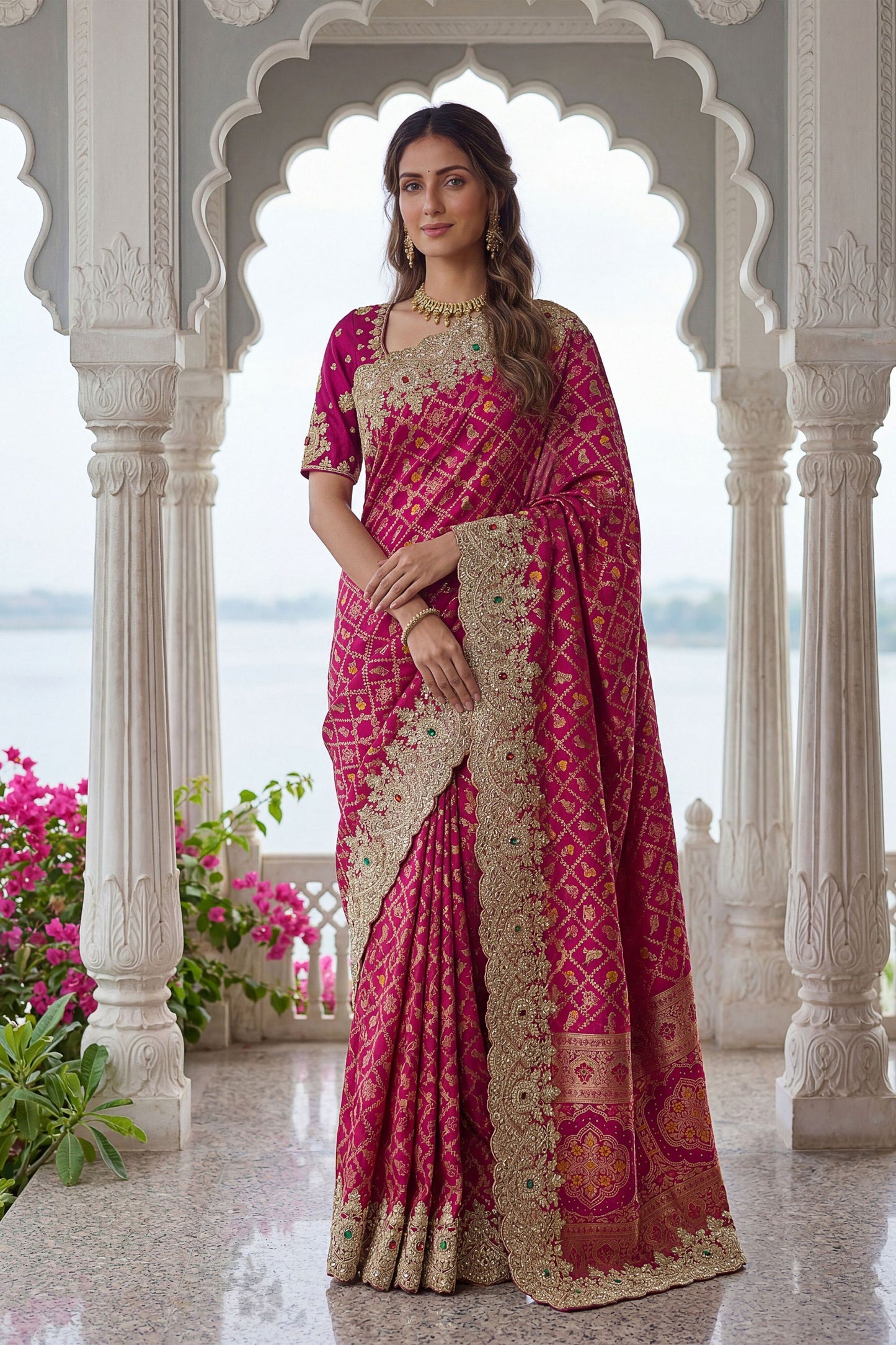 Rani Pink Banarasi Silk Saree Heavy Zari Embroidery Rich Designer Border