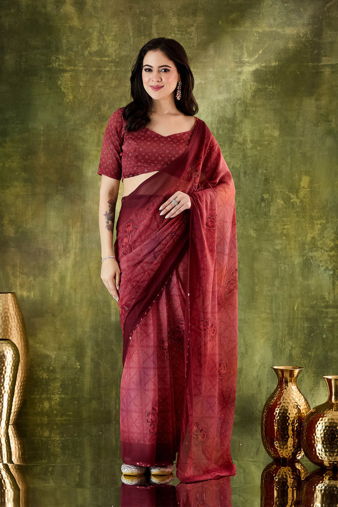 Wine Embroidered Designer Saree with Matching Blouse
