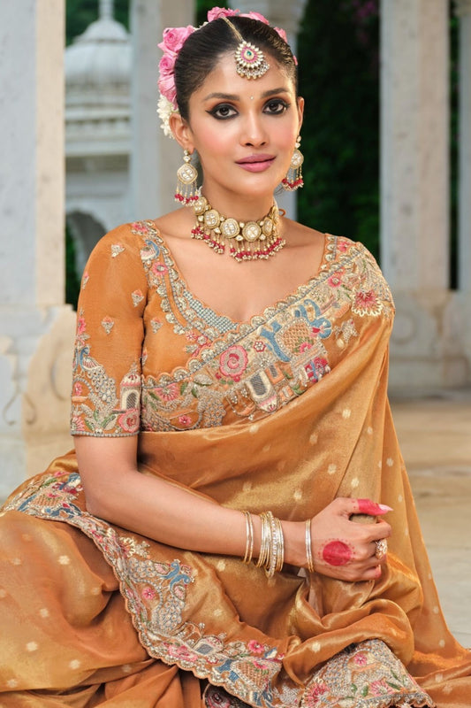 Mustard Gold Embroidered Silk Saree Festive Wear Designer Saree