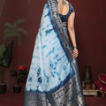 Sky Blue Navy Blue Tie-Dye Silk Saree with Silver Woven Border