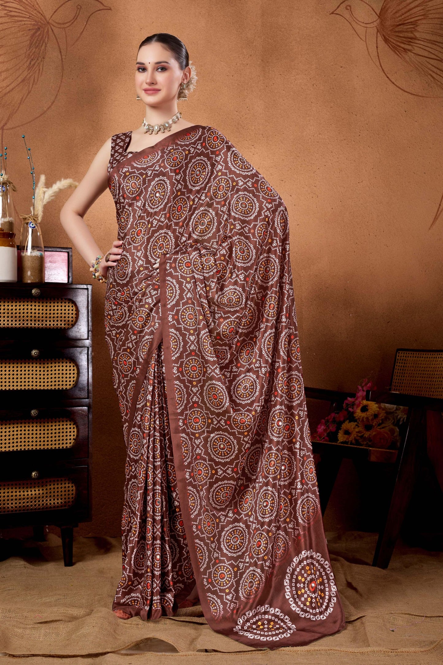 Brown Bandhani Print Saree with Ethnic Motifs Designer Saree
