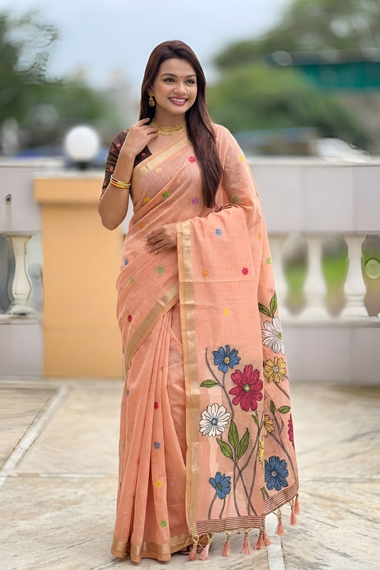 Peach Linen Silk Saree with Multicolor Floral Print Woven Border