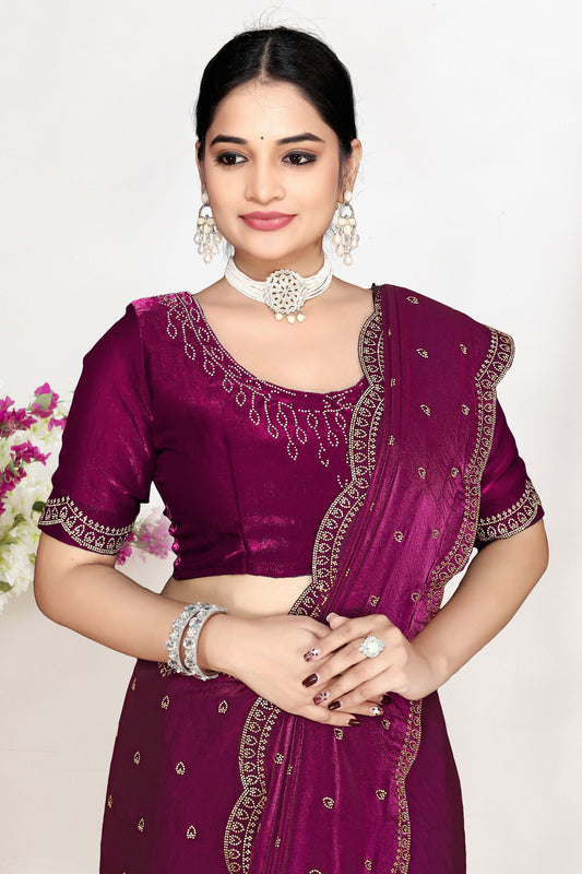 Magenta Pink Silk Saree with Zari Embroidered Border Buti Work