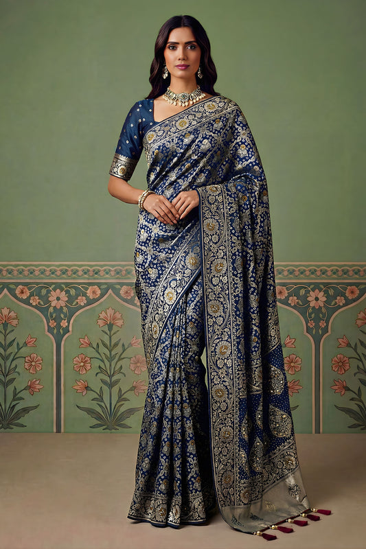 Royal Navy Blue Heavy Embroidered Banarasi Silk Saree