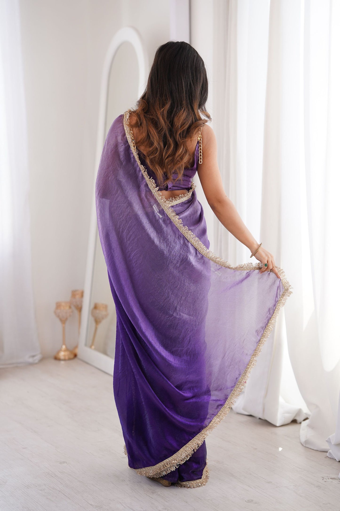 Purple Organza Silk Saree with Designer Golden Lace Border