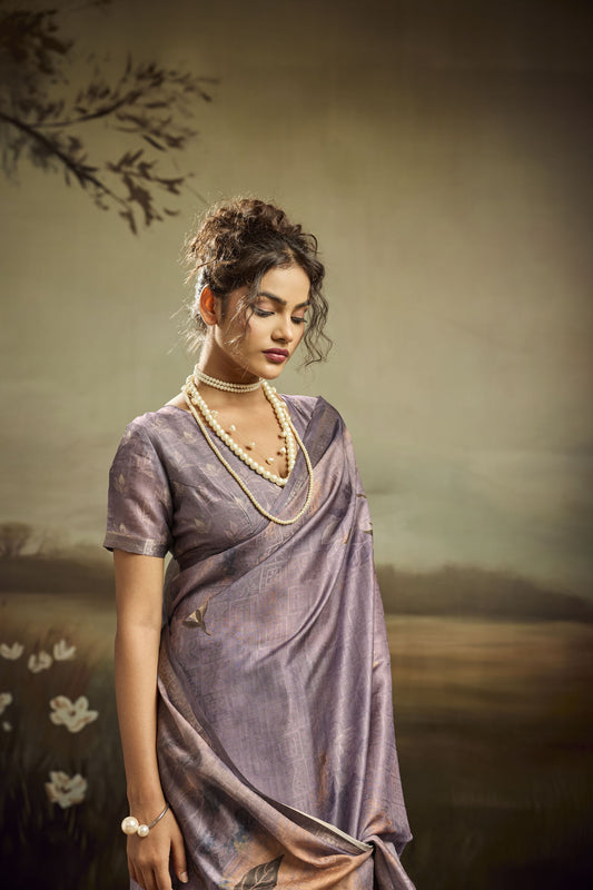 Lavender Linen Silk Saree with Floral Digital Print Designer Tassel Pallu