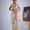 Off White Organza Saree with Floral Embroidery Border