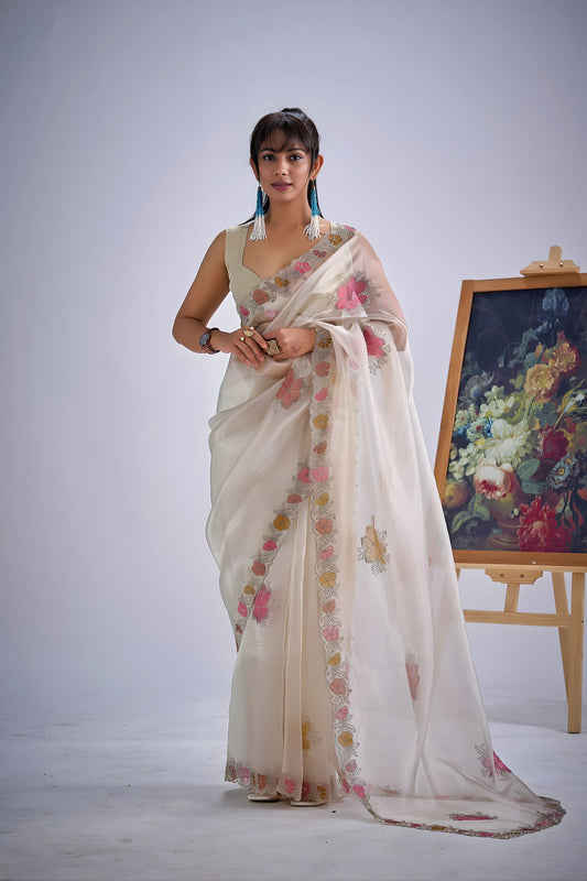 Off White Organza Saree with Floral Embroidery Border