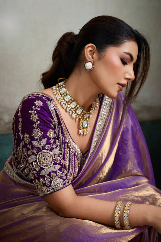 Luxury Purple Soft Silk Saree Heavy Embroidered Designer Blouse Zari Border