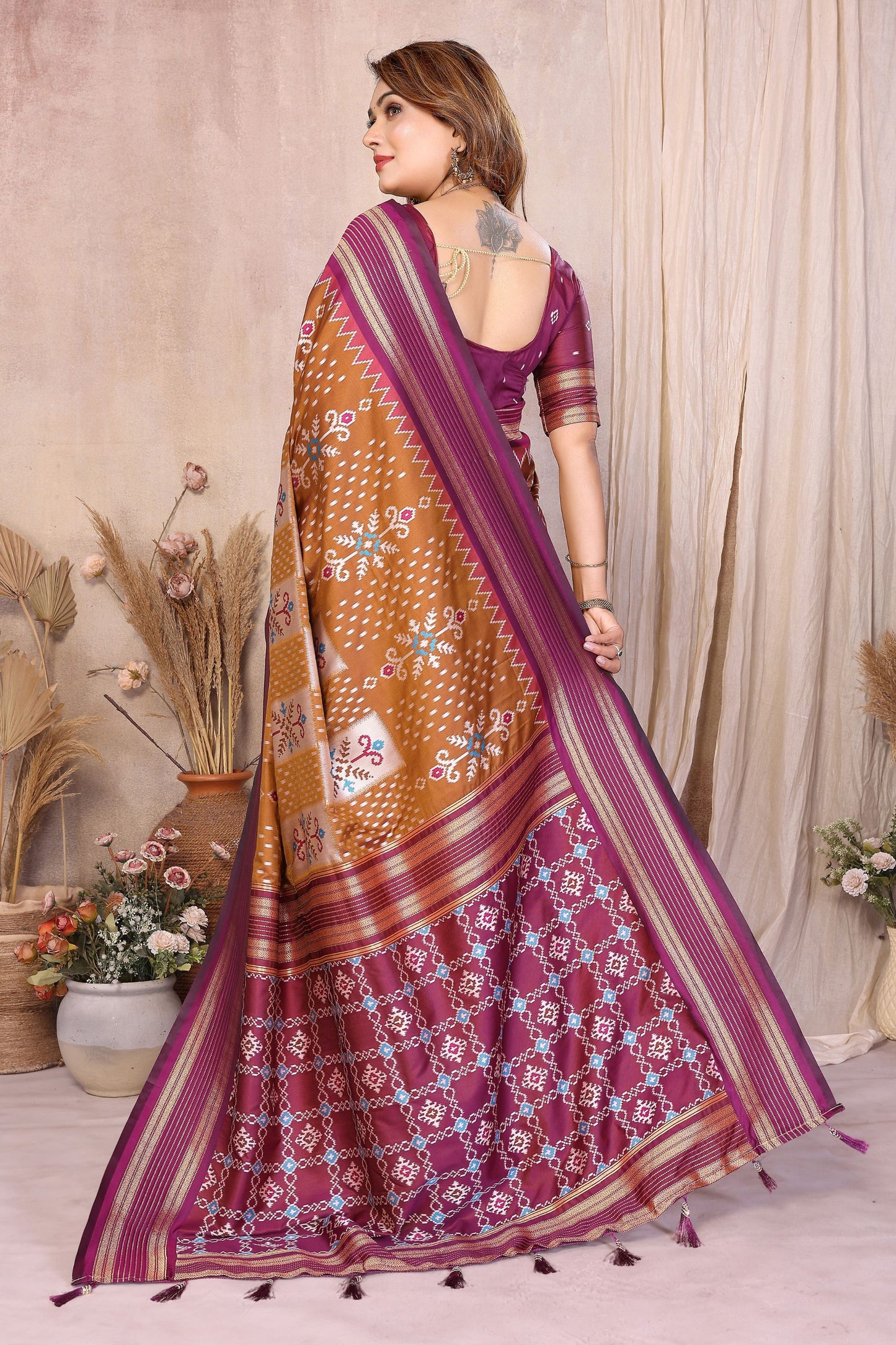 Brown And Wine Ikat Silk Saree with Traditional Saree Contrast Border