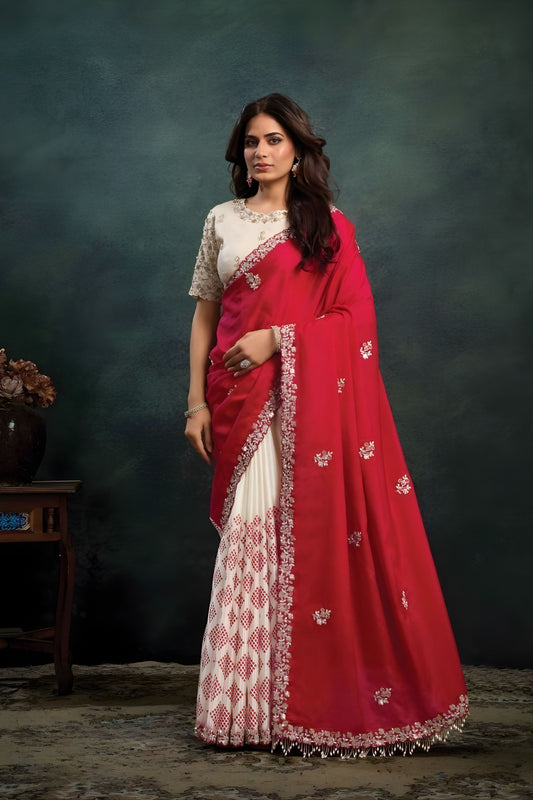 Red And Off-White Georgette Saree with Embroidery Border Designer Border 