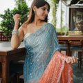 Sky Blue Peach Ombre Sequins Saree Designer Party Wear