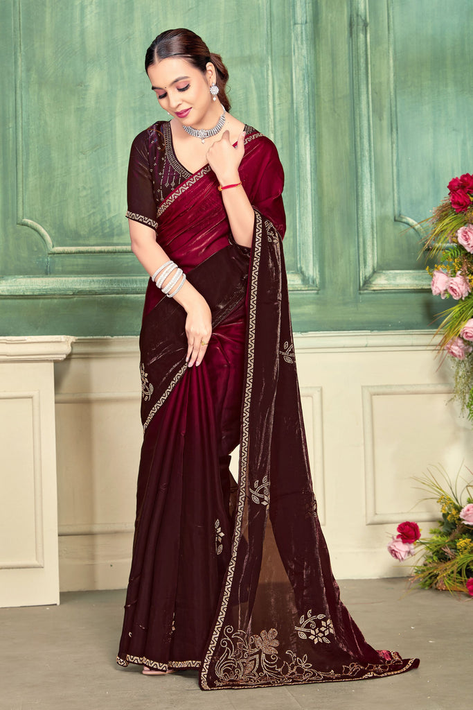  Maroon Velvet Saree with Embroidered Border Designer Blouse 