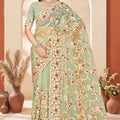 Designer Sage Green Net Floral Embroidered Saree Heavy Border Blouse
